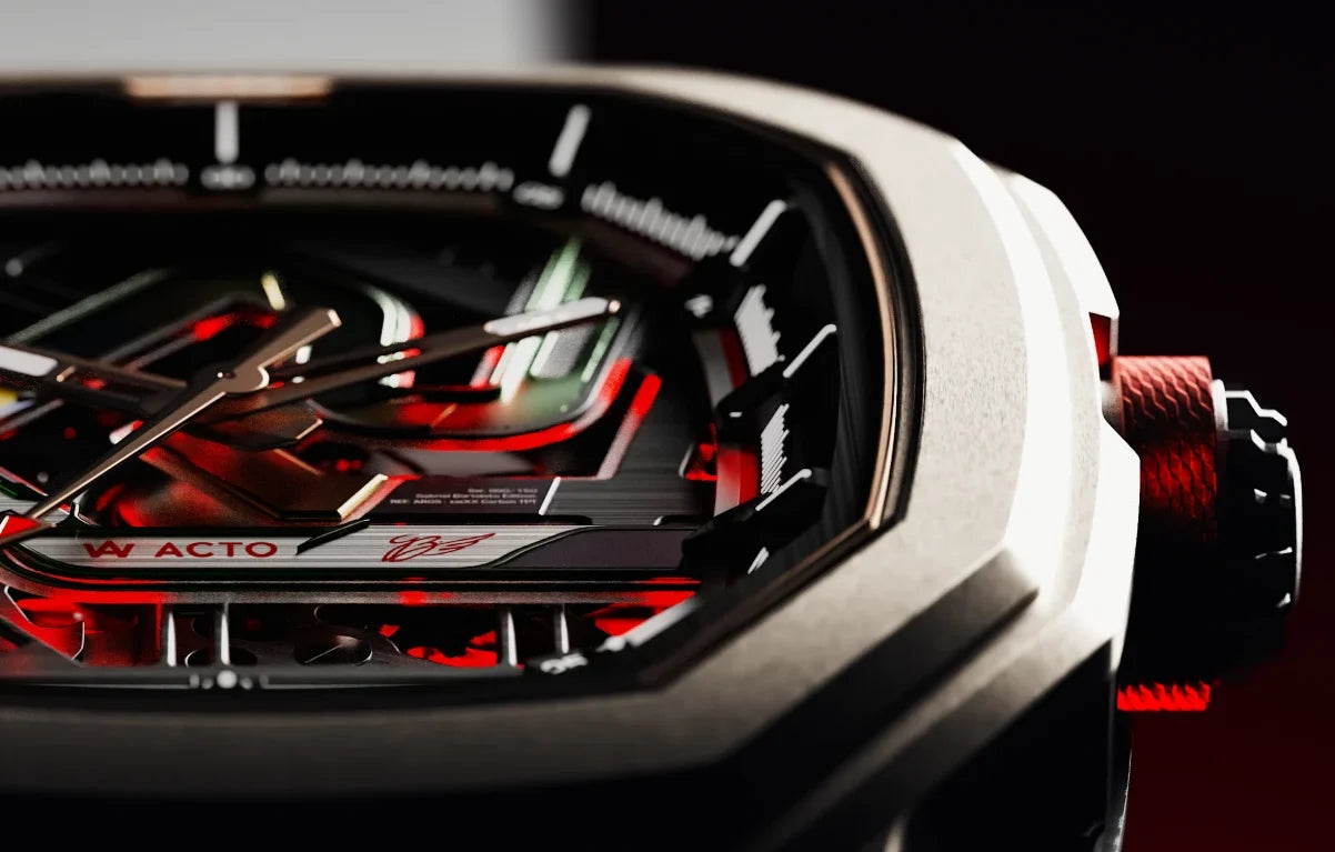 Close-up of the AGB05 dial, with the red crown